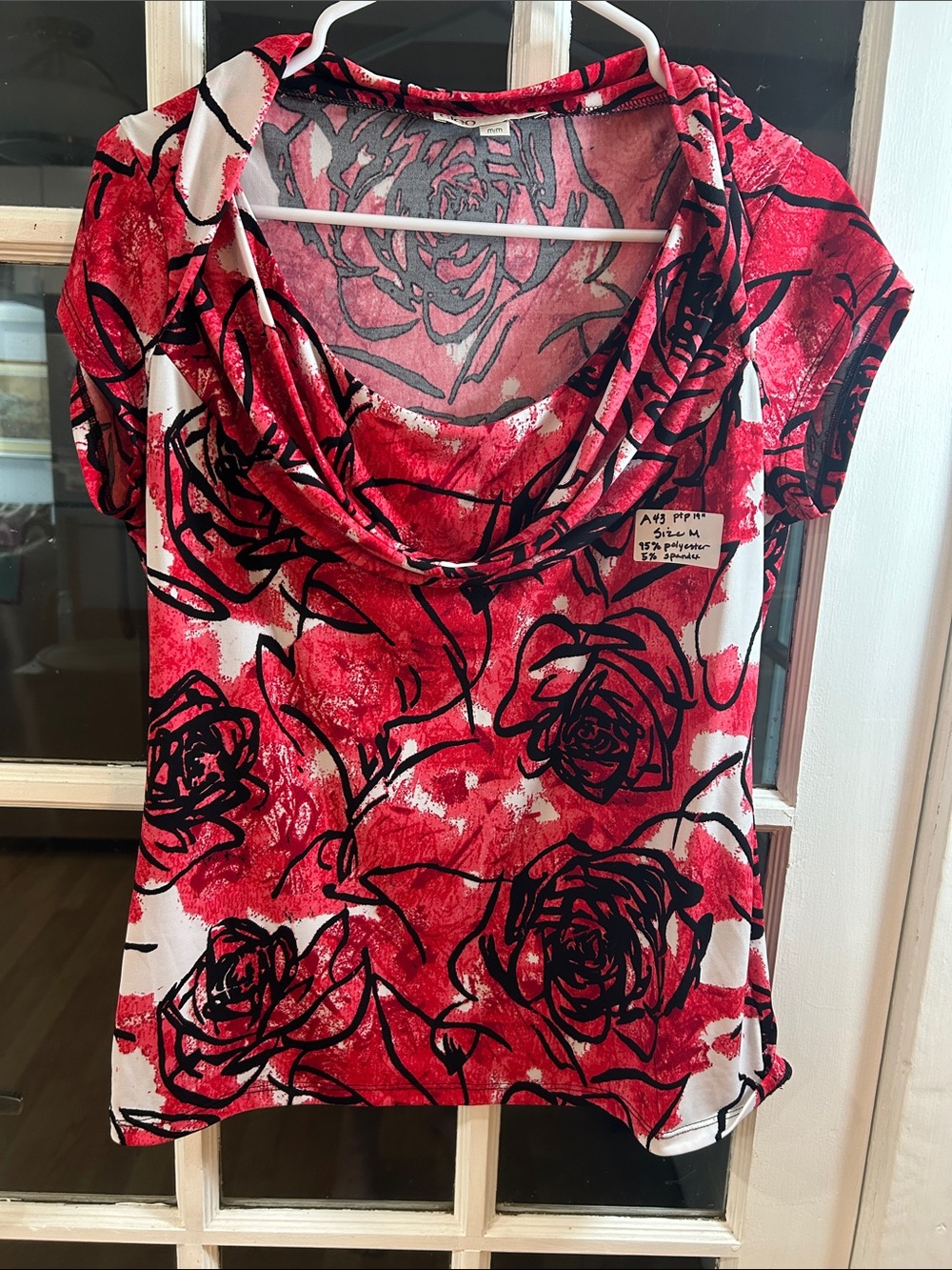 A43.    Women's Red Rose Print Cowl Neck Top